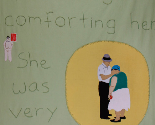 Audrey Mandelbaum, Just comforting (After Helen Levitt), 2010. Cotton embroidery on cotton fabric, 42x27 in.